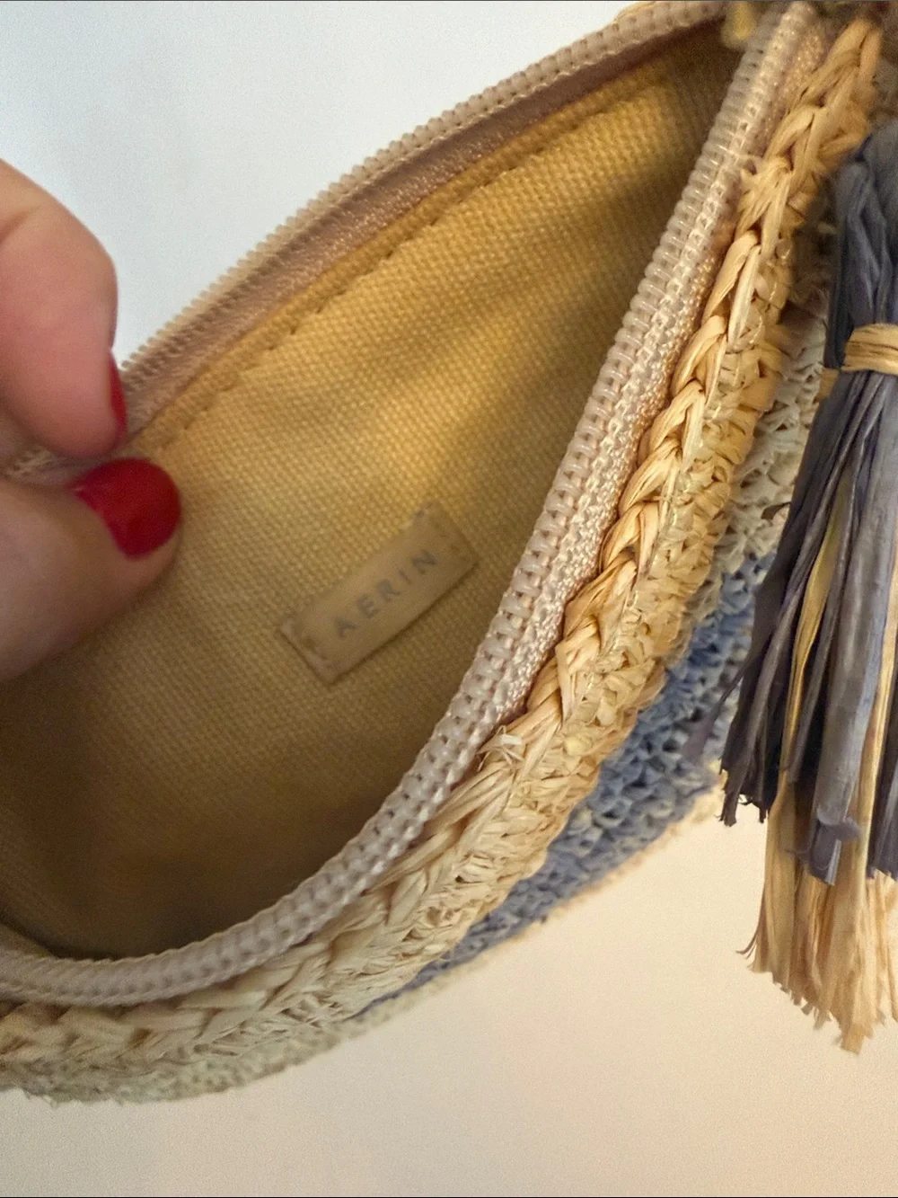 Aerin Natural Straw Cosmetic Pouch with Gray Heart